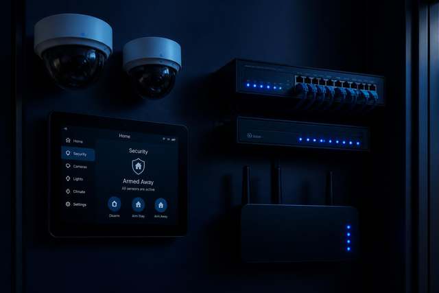 Security cameras, a smart-home control panel and network equipment installed by Contrutech
